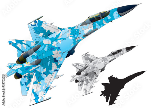 Twin engine tandem jet fighter Sukhoi Su-27 image illustration (Light blue camo and monotone, black silhouette set)