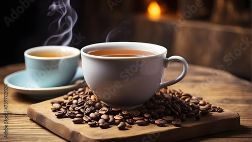 cup of coffee with beans,A steaming cup of tea, infused with the rich aroma of freshly roasted beans, sits on a rustic wooden table, inviting you to take a sip and savor the unique blend of flavors.