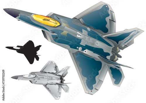 American twin engine stealth jet fighter f22 gray camo image illustration (monotone, black silhouette set) photo