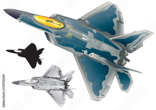 American twin engine stealth jet fighter f22 gray camo image illustration (monotone, black silhouette set)
