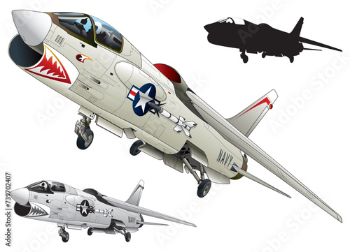 Fototapeta Naklejka Na Ścianę i Meble -  Wheel down navy jet fighter Vought F-8 Crusader, gray image illustration (monotone, black silhouette set)