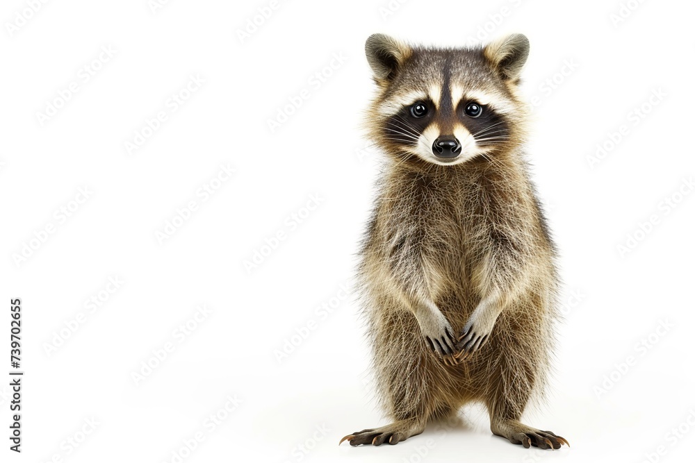 Raccoon standing up isolated on white background. Front view animal