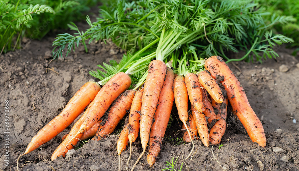 A bunch of fresh carrots with greens on the ground. A large juicy unwashed carrots in the field against the background of the earth close up. A bunch of fresh carrots with greens on the ground. A large juicy unwashed carrots in the field against the background of the earth close up.