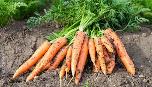 A bunch of fresh carrots with greens on the ground. A large juicy unwashed carrots in the field against the background of the earth close up.
