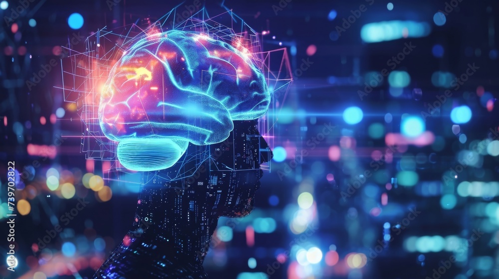 A holographic image of a human brain appears above the head of a user wearing a headband equipped with IoT sensors displaying brainwave patterns and cognitive insights. A holographic image of a human brain appears above the head of a user wearing a headband equipped with IoT sensors displaying brainwave patterns and cognitive insights.