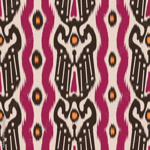 Ikat colorful stripes pattern. Illustration ikat ethnic abstract shape seamless pattern. Ethnic colorful stripes pattern use for fabric, textile, carpet, curtain, wallpaper, cushion, upholstery, etc.