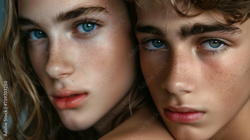 Macro fashion portrait of a young man and young woman faces together