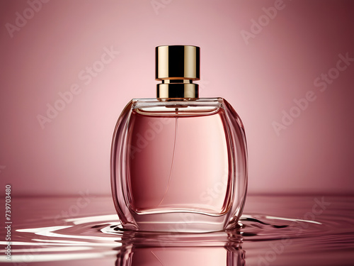  A beautiful bottle of perfume on pink background with water