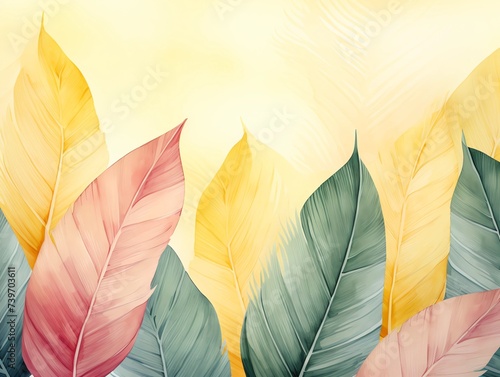 Faded yellow background, multi-colored leaves drawing below, free space for writing text.