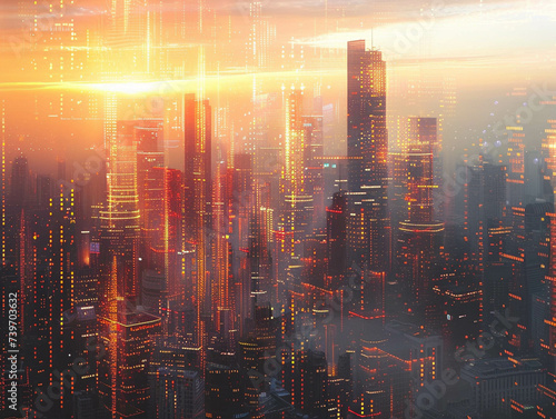 Cybernetic cityscape at dawn with abstract patterns made of light and shadow