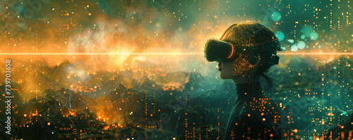 Cybernetic landscape depicted in an abstract background complemented by a virtual reality headset concept © earthstudiotomo