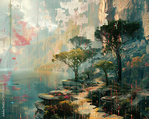 Digital graphic of a cybernetic landscape where technology reshapes natural environments