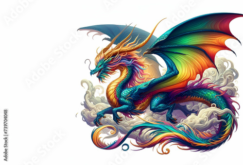 Rainbow Asian legends monsters. Mythical monster with long tail from China legend, myth. Oriental fairytale fantasy reptiles, eastern fiction lizard on white background ai generative