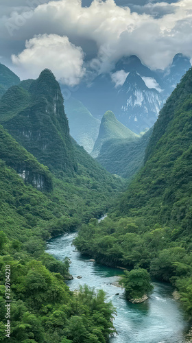 Scenic landscape of mountains and river, inspired by ancient Chinese art, captured in 32k UHD resolution.