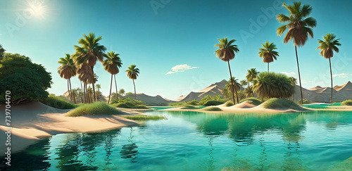 A hidden oasis in the desert with emerald-green waters, palm trees. AI Generated photo