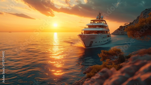 Luxury yacht cruising at sunset, opulent sea travel.