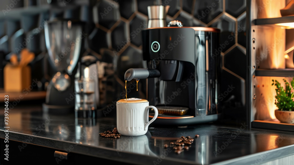 Aromatic coffee scene: stylish bar counter, fragrant ground coffee, coffee machine emitting steam. AI generative. - obrazy, fototapety, plakaty 