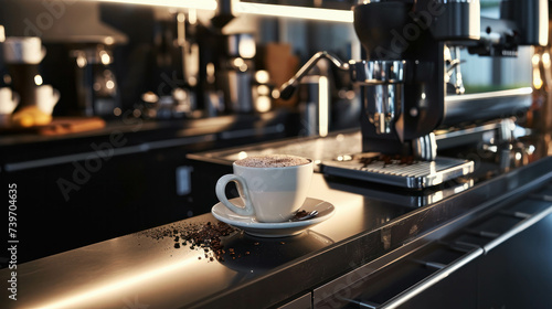 Stylish bar counter with glossy surface  ceramic mug of fragrant ground coffee  next to coffee machine with steam. AI generative.