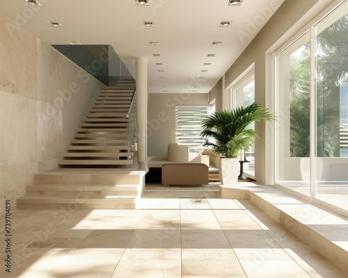 Luxurious living space in a modern minimalist home flooded with sunlight. AI generative.