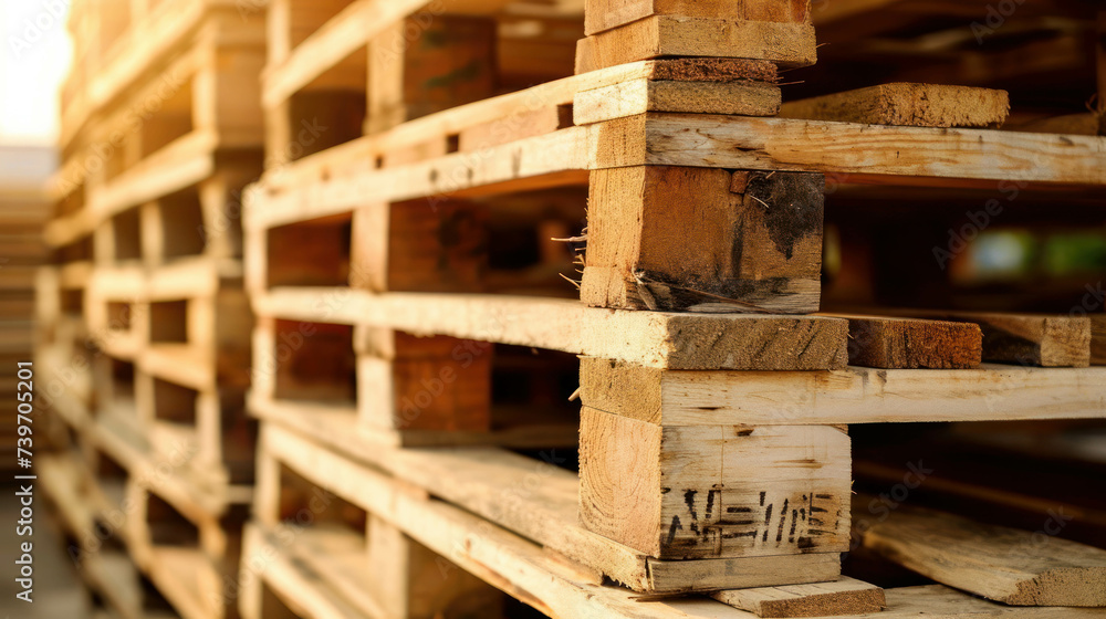 Experience the efficiency of industrial operations with a stack of wooden pallets at a factory warehouse, illustrating the importance of logistics and supply chain management. AI generative.