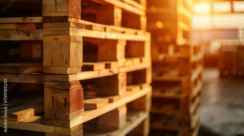 Witness the industrial process with a stack of wooden pallets at a factory warehouse, reflecting the seamless flow of materials and goods. AI generative.". - obrazy, fototapety, plakaty 