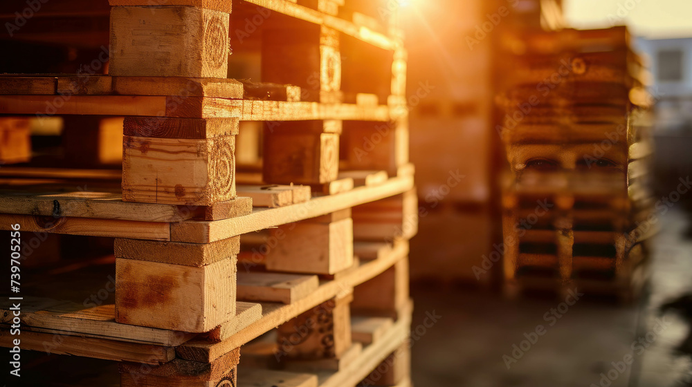 Witness the industrial process with a stack of wooden pallets at a factory warehouse, reflecting the seamless flow of materials and goods. AI generative. Witness the industrial process with a stack of wooden pallets at a factory warehouse, reflecting the seamless flow of materials and goods. AI generative.