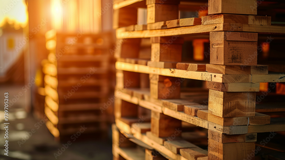 Witness the industrial process with a stack of wooden pallets at a factory warehouse, reflecting the seamless flow of materials and goods. AI generative.