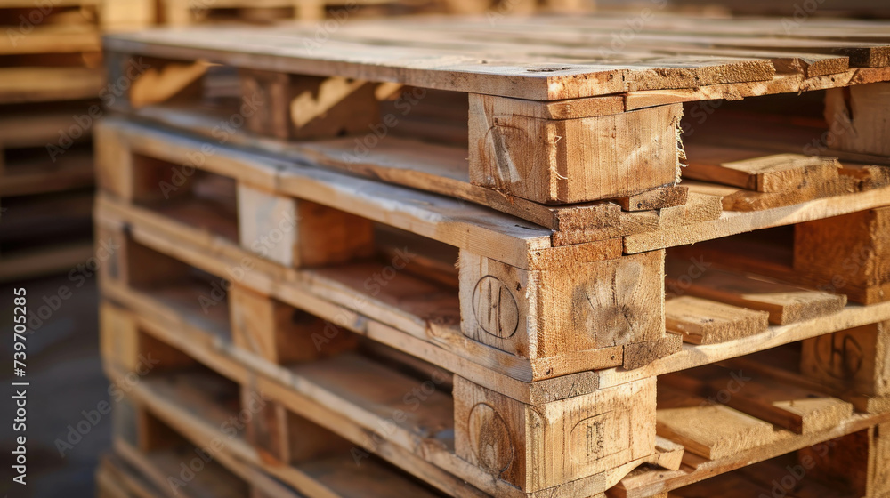 Witness the industrial process with a stack of wooden pallets at a factory warehouse, reflecting the seamless flow of materials and goods. AI generative. Witness the industrial process with a stack of wooden pallets at a factory warehouse, reflecting the seamless flow of materials and goods. AI generative.