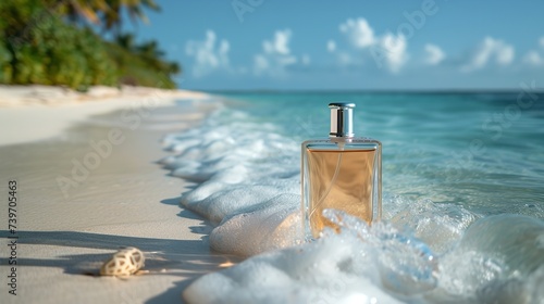 An unlabeled perfume bottle perched in the sand of a coast over the setting of the sea and space, Generative AI.