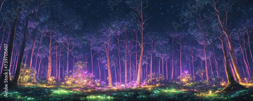 A mystical forest at night with luminescent plants. AI Generated