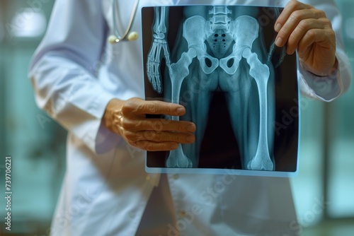 A doctor examines a patient's knee using MRI and bone CT scans in a hospital's radiology orthopedic unit in the background.