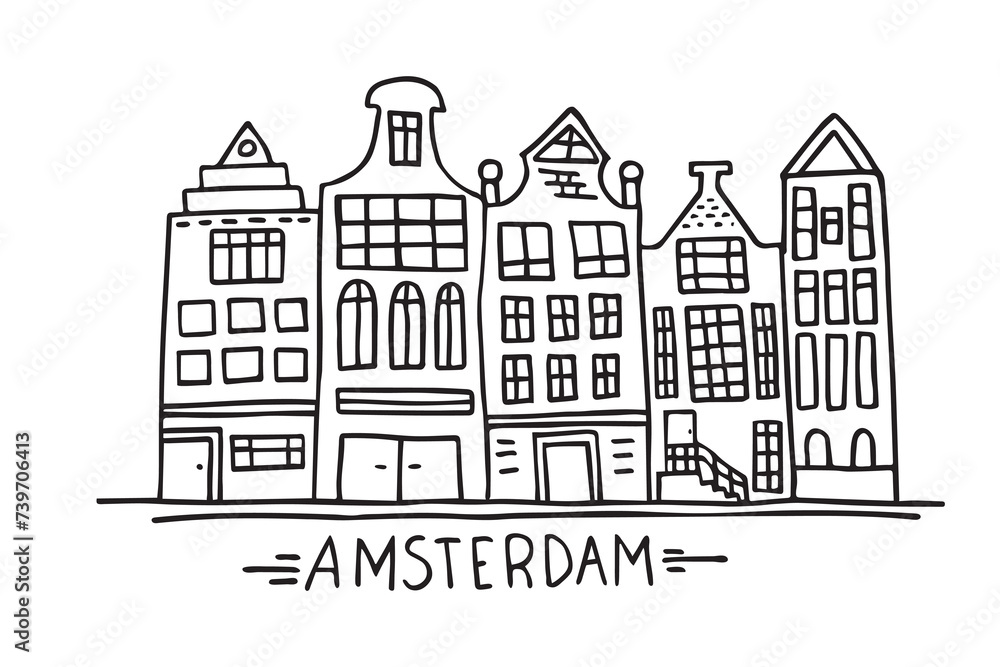 Background with hand-drawn doodles of Amsterdam buildings. Scandinavian city.