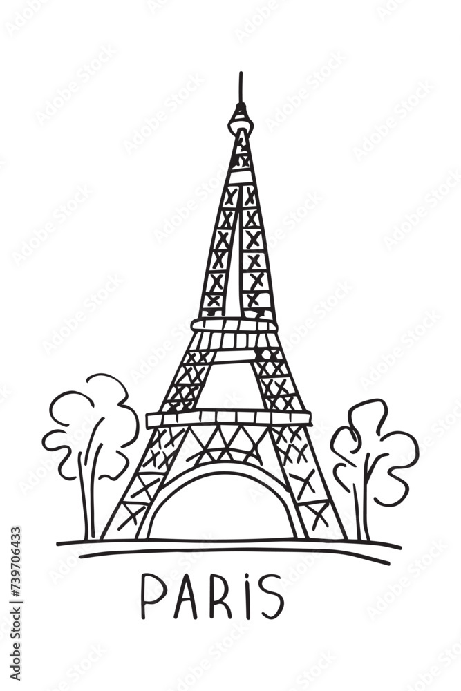Hand drawn Eiffel Tower. Doodle illustration of Paris.
