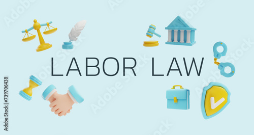 Labor law banner in 3D style, Legal justice service, litigation support, vector cartoon Law and jurisprudence symbols