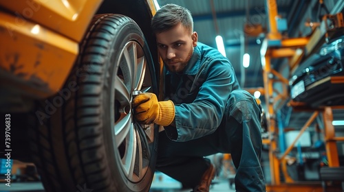 Auto mechanic in an auto repairs firms omitting a wheel on an auto and space, Generative AI. photo