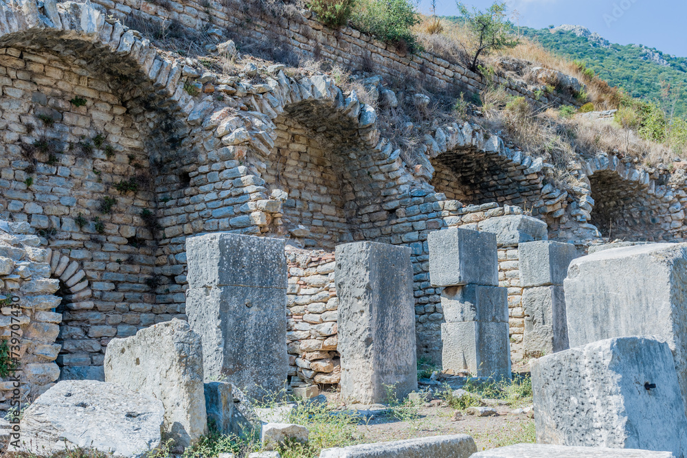 Historic stone arches and ruins at an ancient archaeological site in Ephesus, Turkiye.