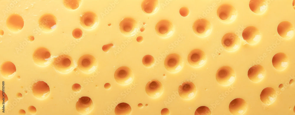 Closeup view of Swiss cheese texture, showcasing iconic holes and creamy yellow surface, perfect for food blogs, culinary websites, or gourmet presentations. wide banner