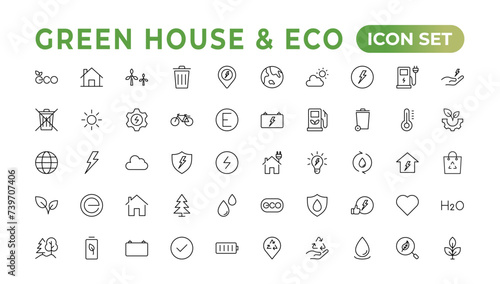 Eco-friendly related thin line icon set in minimal style. Linear ecology icons. Environmental sustainability simple symbol. Simple Set of Line Icons.Global Warming, Forests, Organic Farming.