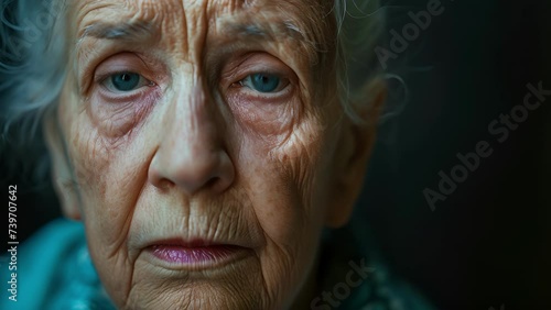 An elderly Caucasian woman her face displaying both regret and resilience as she reflects on her past actions and the discrimination she has witnessed, Elderly female With Piercing Blue Eyes Staring photo