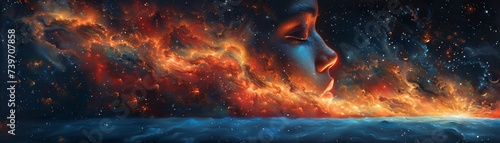 Dreamlike portrait blending human features with cosmic elements capturing the essence of the universe within