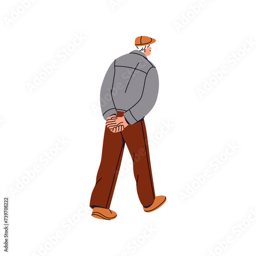 Old man goes away back view. Senior male walks with hands folded behind. Single grandpa strolls. Aged person, grandfather promenades alone. Flat isolated vector illustration on white background