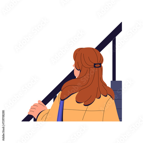 Ascending girl holds hand on banister back view. Young woman climbs stairs. Person goes up on stairway. Character steps on ladder upstairs. Flat isolated vector illustration on white background