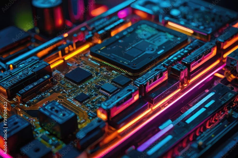 Futuristic Circuit Board Abstract Glowing Elements in Technicolor Circuitry Futuristic Circuit Board Abstract Glowing Elements in Technicolor Circuitry