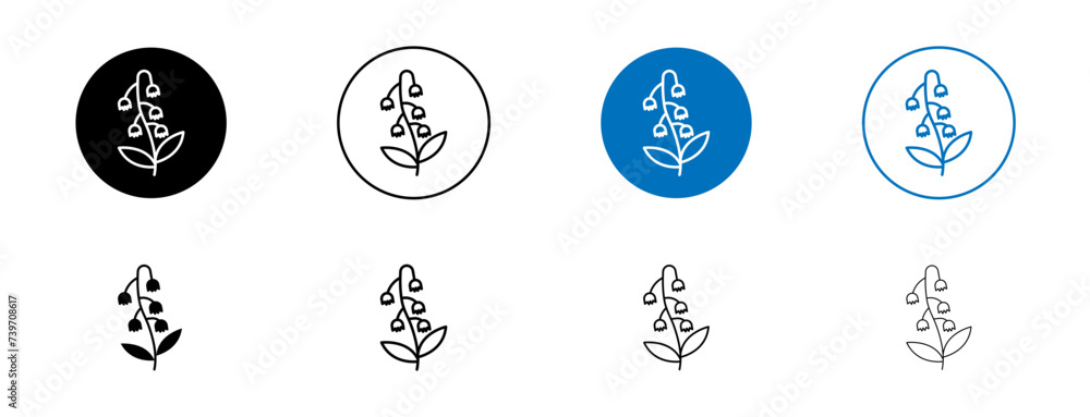 May Lily Icon Set. Valley and bloom Lily vector symbol in black and blue color.