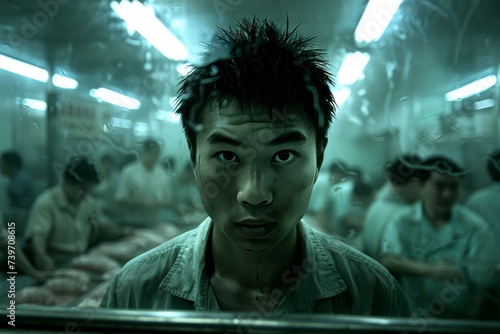 Asian men work in a large factory  where the activity of other workers can be seen against the background of glass windows
