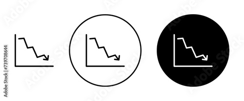 Reduction Chart Icon Set. Downward graph vector symbol in black and blue color.