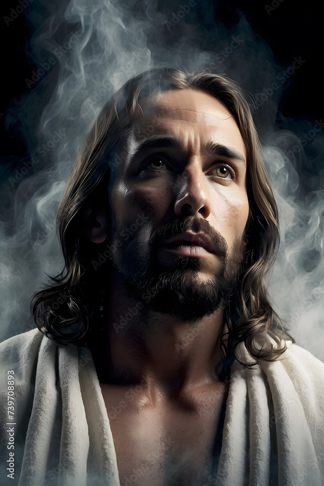 A close up of Jesus with dramatic background