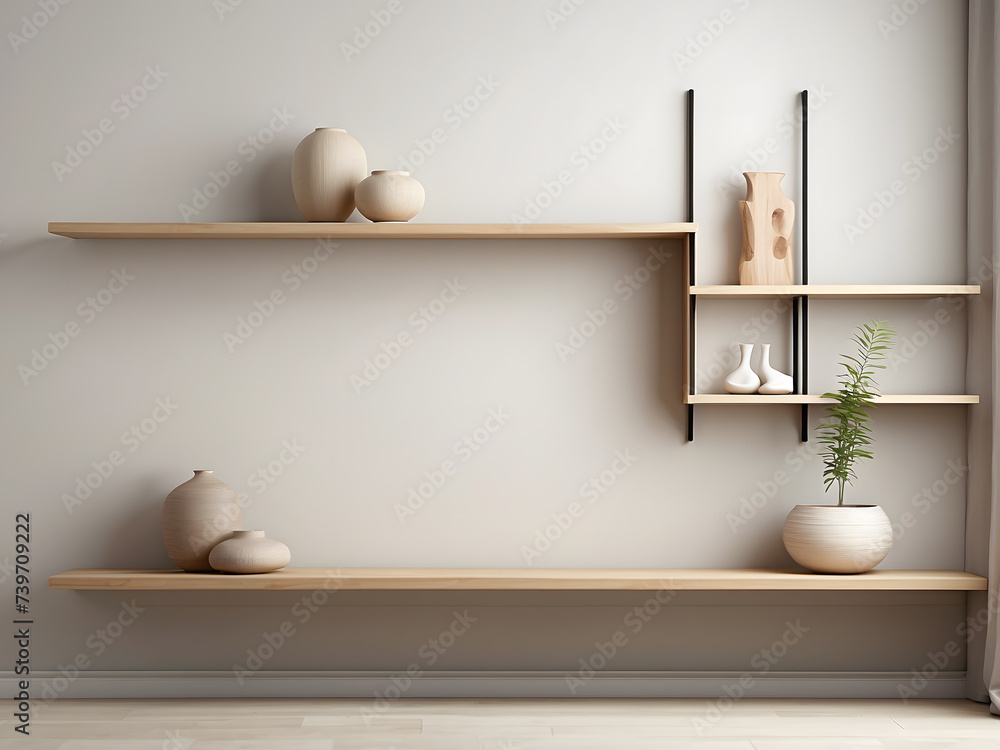 Modern empty shelf hanging on light wall design., Modern empty shelf hanging on light wall design.,
