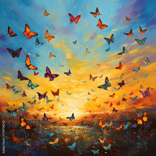 Kaleidoscope of Freedom: Captivating Display of Flying Butterflies Against a Clear Blue Sky