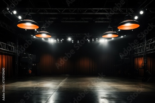Dark modern concert music venue with an industrial atmosphere, ceiling lights shining onto the stage